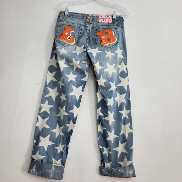LalaBobo Light Wash Patched Lettered Y2K Jeans - Picture 2 of 10